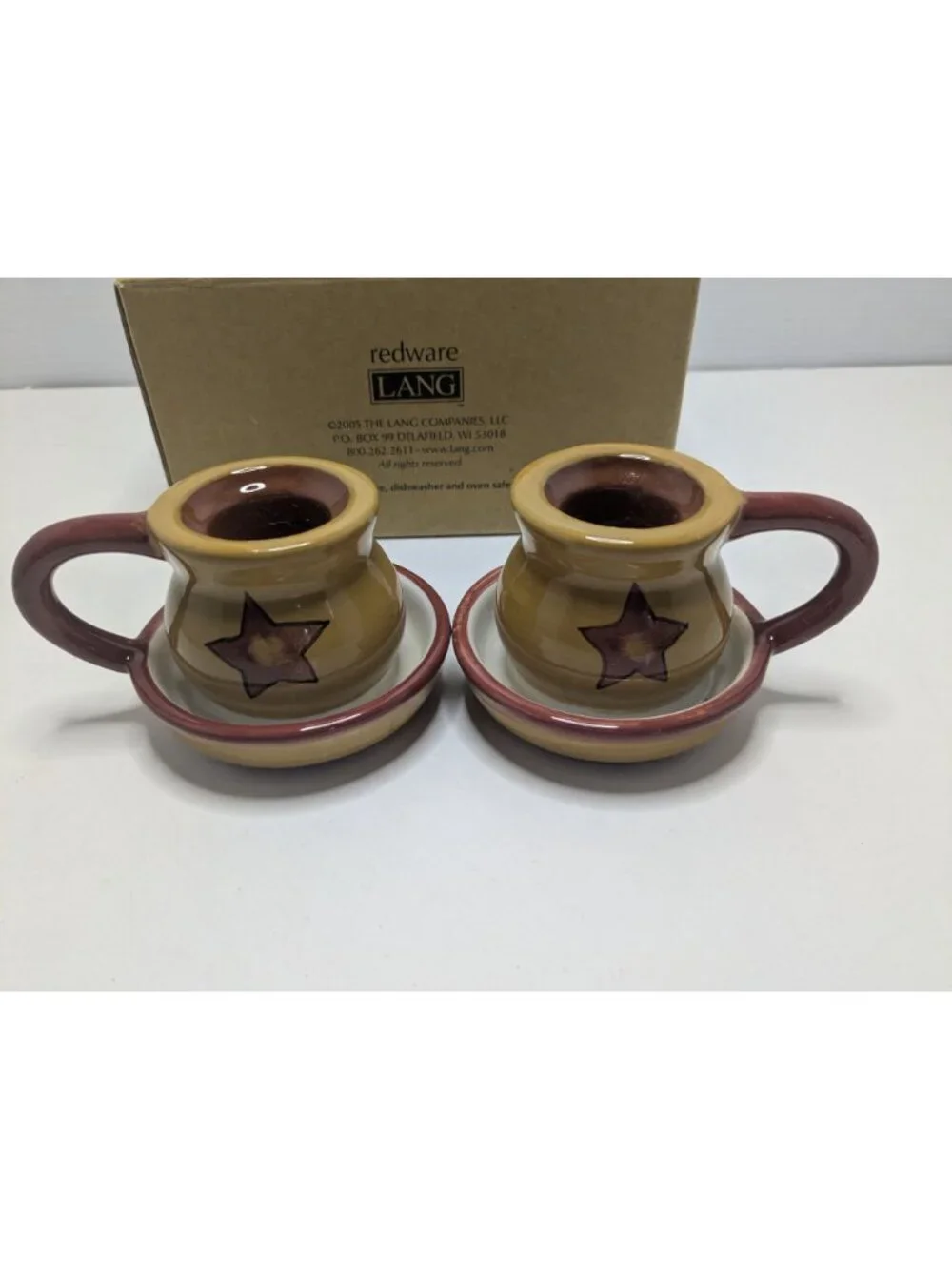 Lang Redware Primitive Star Candle Holders Rustic Stoneware Safe Set Of 2 2005